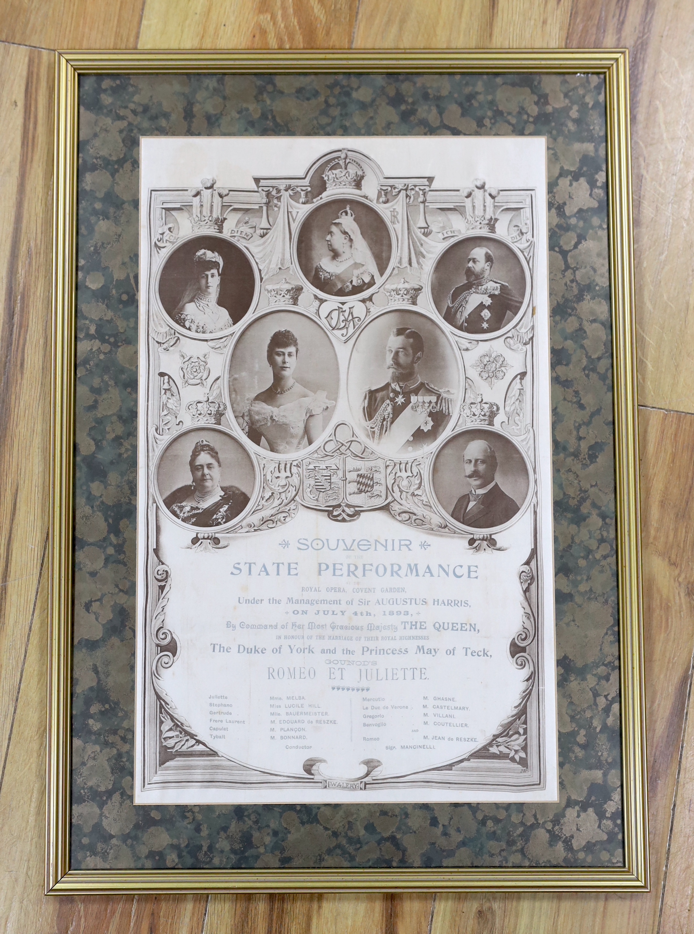 A late 19th century silk opera programme, Souvenir of the State Performance at the Royal Opera Covent Garden, July 4th 1893, Romeo and Juliet, 48.5 x 30cm